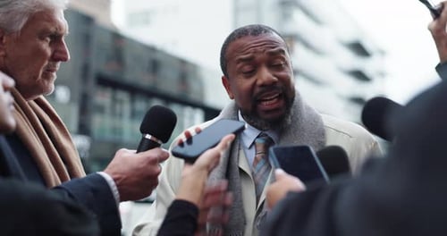 Politician, man and speaking with journalist in city for news, government policy and angry