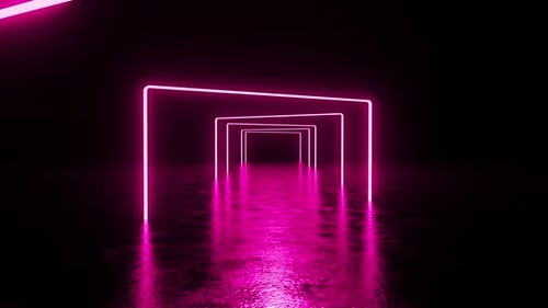 Pink neon square tunnel reflecting on wet floor