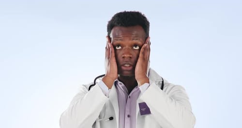 Black man, doctor and mistake stress for healthcare panic, crisis and medical risk fail on studio