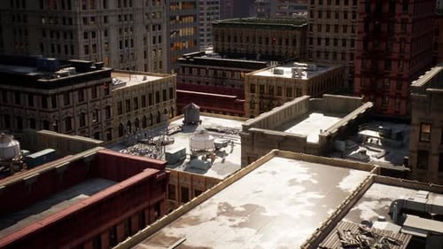 Dynamic Aerial View of Urban City Rooftops with Moving Shadows