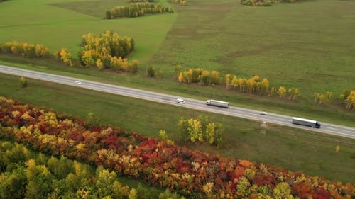 Cars Driving Along Road That Passes Through Natural Area with Trees Bushes Grass Aerial View of