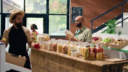 Men Selecting Food at Local Grocery Store