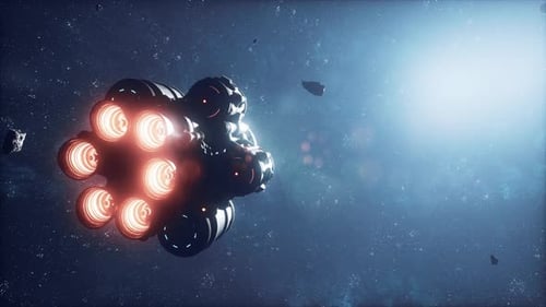 Futuristic Spacecraft Flying with Glowing Engines Through Asteroid Field