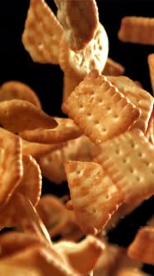 Cookies fliegen hoch und fallen runter, gefilmt mit einer Hochgeschwindigkeitskamera mit 1000 Bildern pro Sekunde