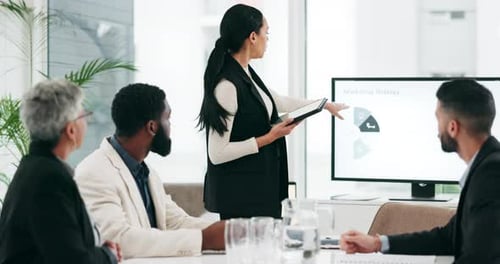 Presentation, strategy and meeting with business woman and tablet for planning
