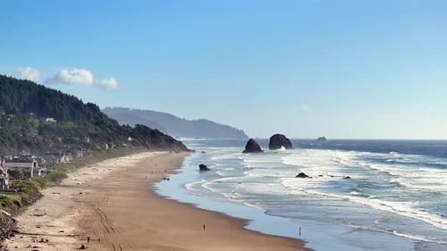 Panoramic View Of Cannon Beach In Clatsop County, Oregon, United States. Aerial Shot