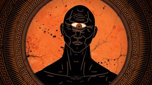 créature cyclope borgne de la mythologie grecque dans le style d'un vase orange
