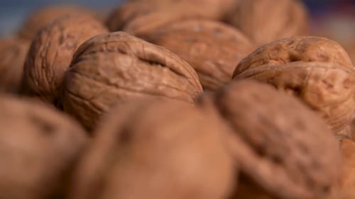 Close up view of macro shot walnuts with shell on the table. Healthy food, snack food. Dolly shot tr