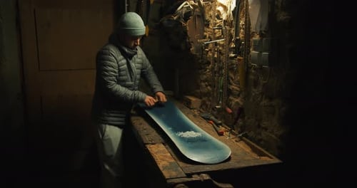 Man scrapes wax of a snowboard. Cinematic vibes in an old barn. Zillertal, Austria