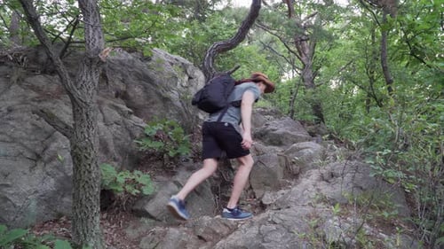Tourist with backpacks climbs up a steep rocky path in the forest. Adventure and active lifestyle co