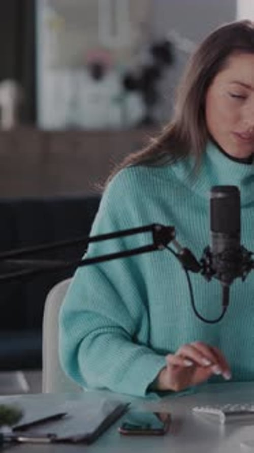 Woman Recording Podcast in Home Office
