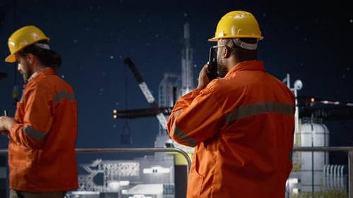 Men on Offshore Rig Talk in Walkie Talkie Reporting Global Oil Crisis