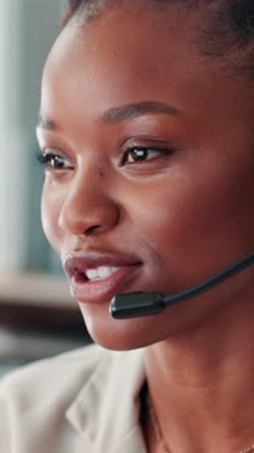 Headset, black woman and customer service consultant in office with communication