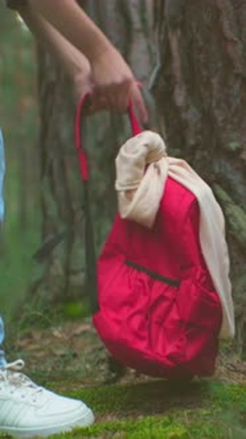 Young Hikers Retrieve Bags in Peaceful Forest