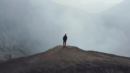 Man Stands Cliff Volcano Crater