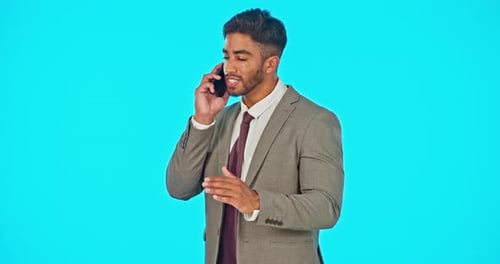 Phone call, talking and business man in studio isolated on a blue background mockup