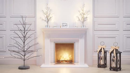 Acogedora chimenea navideña decorada con luces y linternas para las fiestas