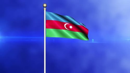 Waving Flag of Azerbaijan on Blue Background