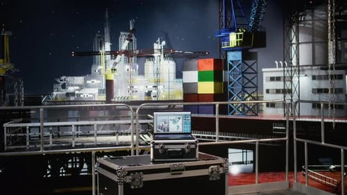 Laptop-Bildschirm zeigt Visualisierungsüberwachungssoftware auf einer leeren Offshore-Plattform