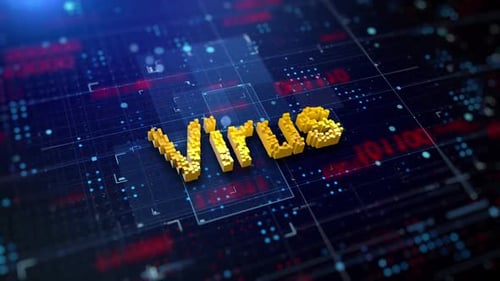 Pixelated 3D Virus Text on Digital Technology Background