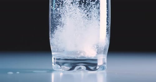 Le comprimé antidouleur tombe dans un verre d'eau et se dissout fortement en faisant des bulles sur le sol, en gros plan, en noir
