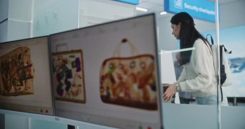 Woman Taking Suitcase After Screening in Xray Scanner Computer Monitor Displaying Luggage Scanning