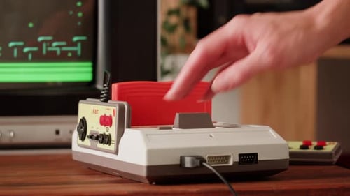 Old TV Game Console with ROM Cartridge Vintage Gamer Room Joystick and Retro TV Man Player Start the