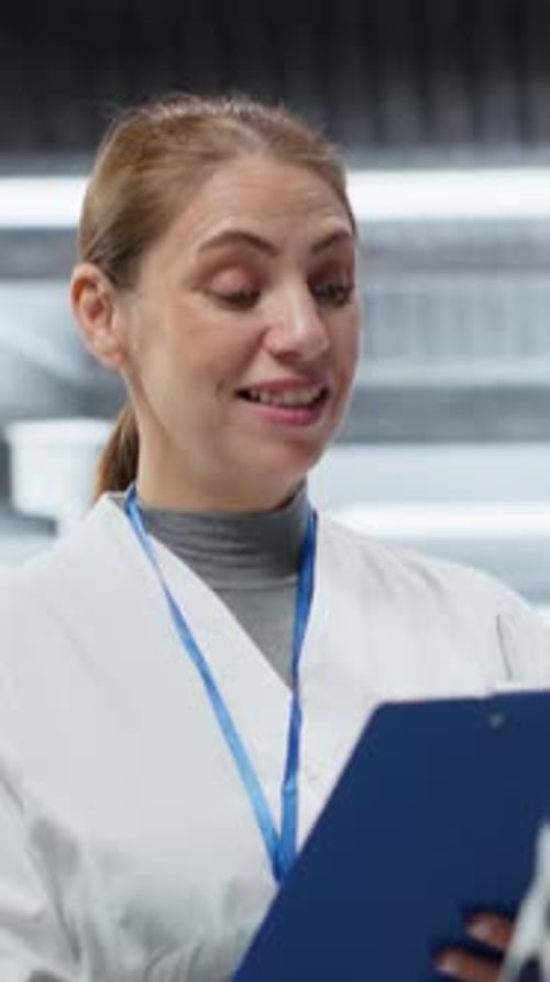Woman in lab coat speaking with another worker