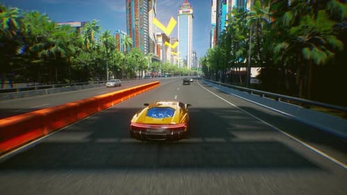 4k fake video game car simulator, racing across the city