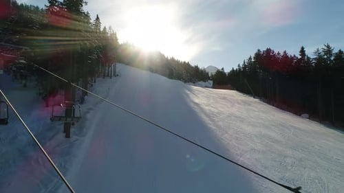 Picturesque high view over alpine ski trail in wintertime. Picturesque canopies of alpine trees. Win