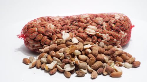 Red net bag of bird food nuts rotates on a white background.