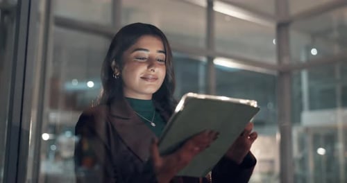Tablet, smile and businesswoman in office at night for email on stock market analysis