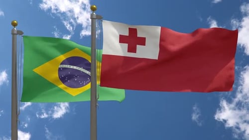Brazil and Tonga Flags Waving Realistically Against Blue Sky