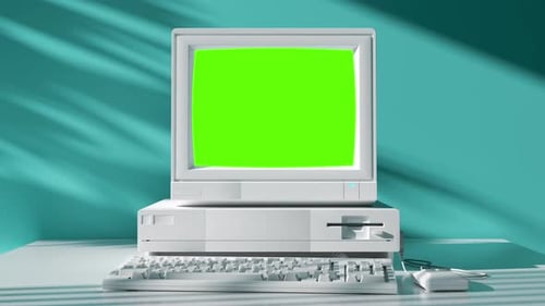 Retro 80s Style Old School Computer with Green Screen Technology Mockup Graphics