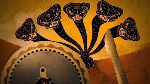 Animated Mythical Multi-Headed Serpent with Shield and Sword