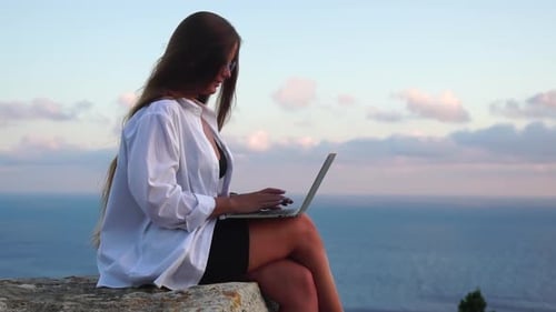 Woman Laptop Sea Working Remotely on Seashore Happy Successful Woman Female Freelancer Working on