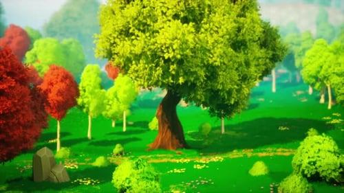 Colorful Cartoon Forest at Sunset