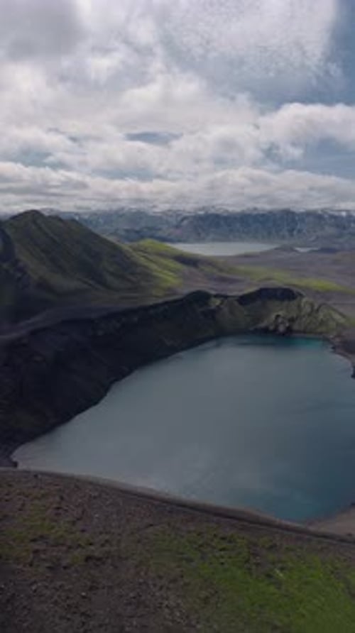 Aerial View of Volcanic Crater Lake and Snow Capped Mountains in Iceland