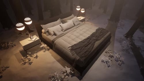 3d-rendering. A bed in an winter forest in a clearing among trees.