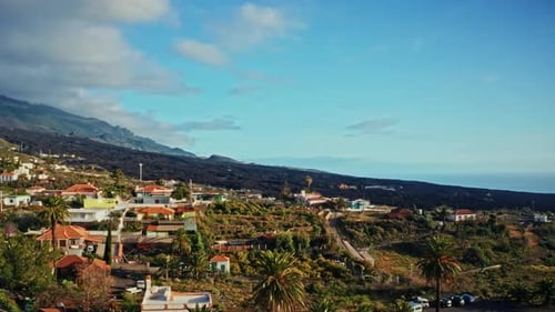 Aerial drone shot over the erupted volcano of Tajogaite in La Palma Island, Canary Islands, Spain. H