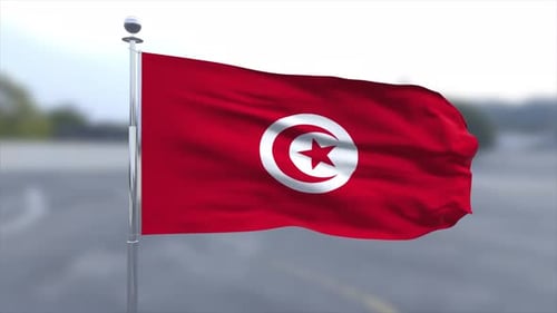 Tunisia National Flag Waving Seamlessly on Flagpole