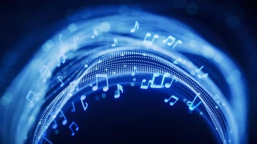 Music notes and glowing neon lines