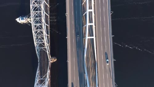Aerial Top View Bridge Over the River with Car Traffic