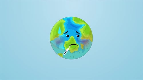 Sick Cartoon Earth Character with Thermometer Animation