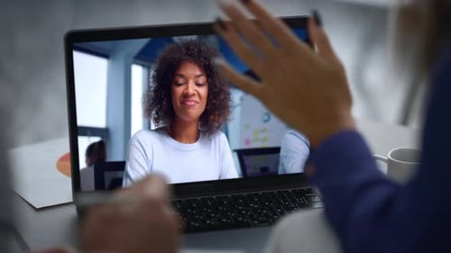 Coworkers Talking Video Connection Using Office Laptop Close Up Couple Greeting