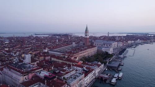 Aerial view of basilica, square, sunrise, canal, Venice, Italy.