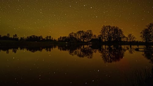 Milky Way Galaxy sky reflecting on calm lake water, fusion time lapse