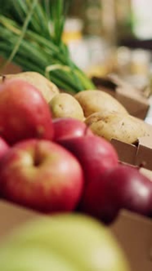 Vertical Video Fruits on Farmers Market Shelves