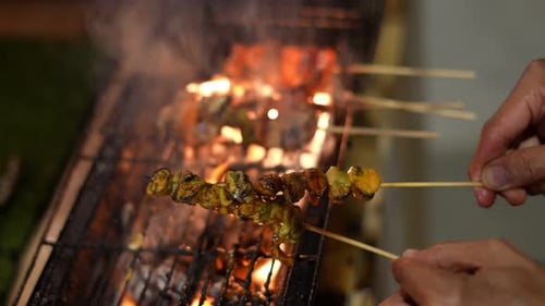 Food on Skewers Cooking Over Open Flames