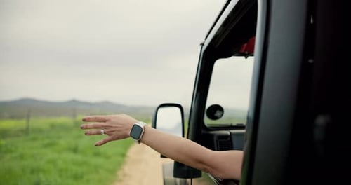 Freedom, woman and hands at car window on road trip for holiday adventure, safari ride and journey